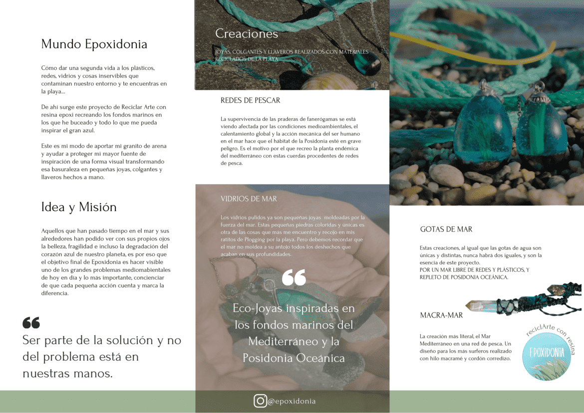 Cartel informativo de Epoxidonia que explica el proceso artesanal para transformar basura marina en joyas y complementos sostenibles. Describe las cuatro etapas: limpieza de playas, reciclaje y clasificación, diseño artesanal y encapsulado en resina bio. Muestra ejemplos de productos como llaveros, pulseras, colgantes, anillos y pendientes, junto a los datos de contacto de la creadora María Cerezo Ferrer y un código QR para acceder a la web de Epoxidonia.